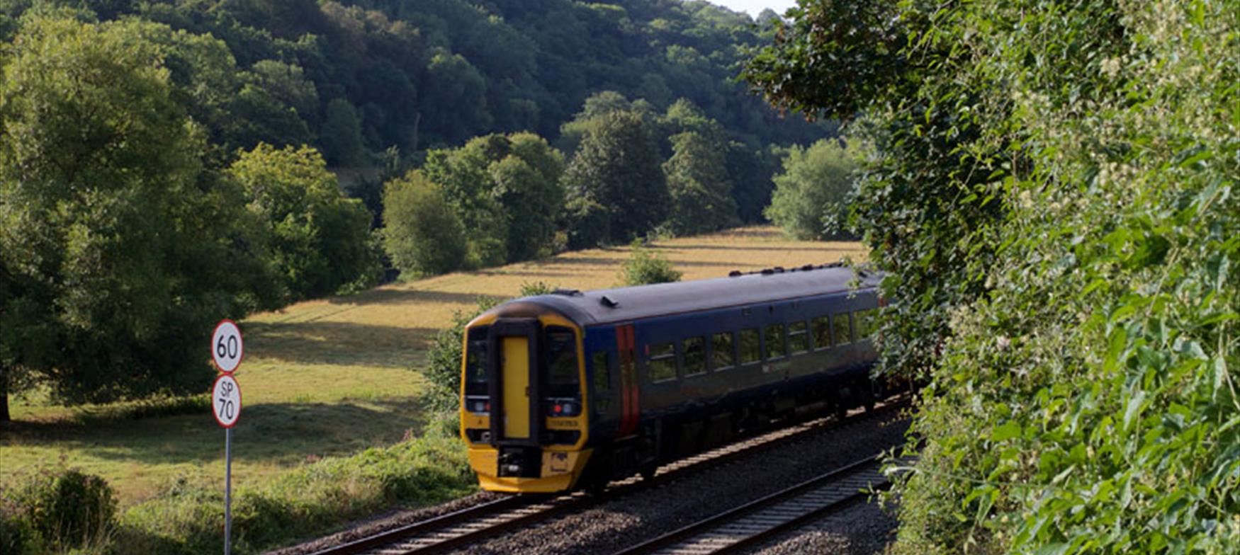 Train approaching through countryside