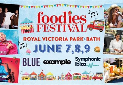 A poster advertising Foodies Festival 2024 at Royal Victoria Park, Bath
