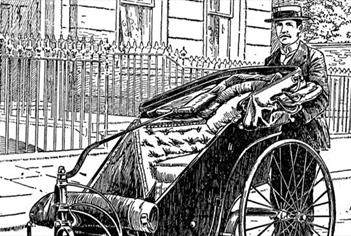 A drawing of a man riding on an old-fashioned cart, wearing a hat