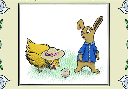 A drawing of a rabbit and a chick looking at an egg