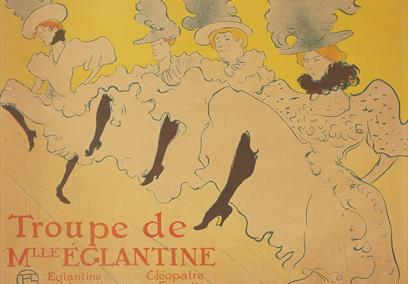 An artwork by Toulouse-Lautrec showing a row of cancan dancers with a bright yellow background