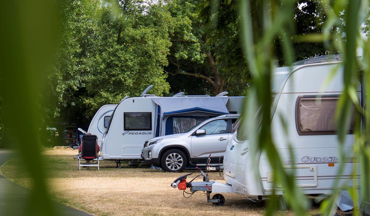 Caravans parked at Chertsey Camping and Caravanning Club Site