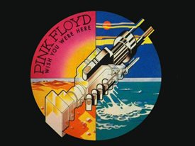 Album cover of Pink Floyd's Wish You Were Here. There is a circle split into four sections and colours - pink, blue, orange and turquoise. There are t