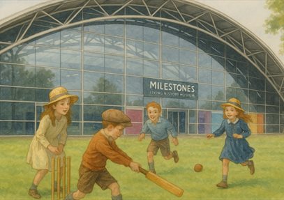 Children playing outdoor games in front on Milestones Museum