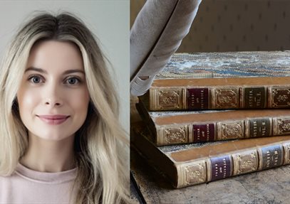 An image of Nichola McNulty alongside three volumes of a first edition of Pride and Prejudice