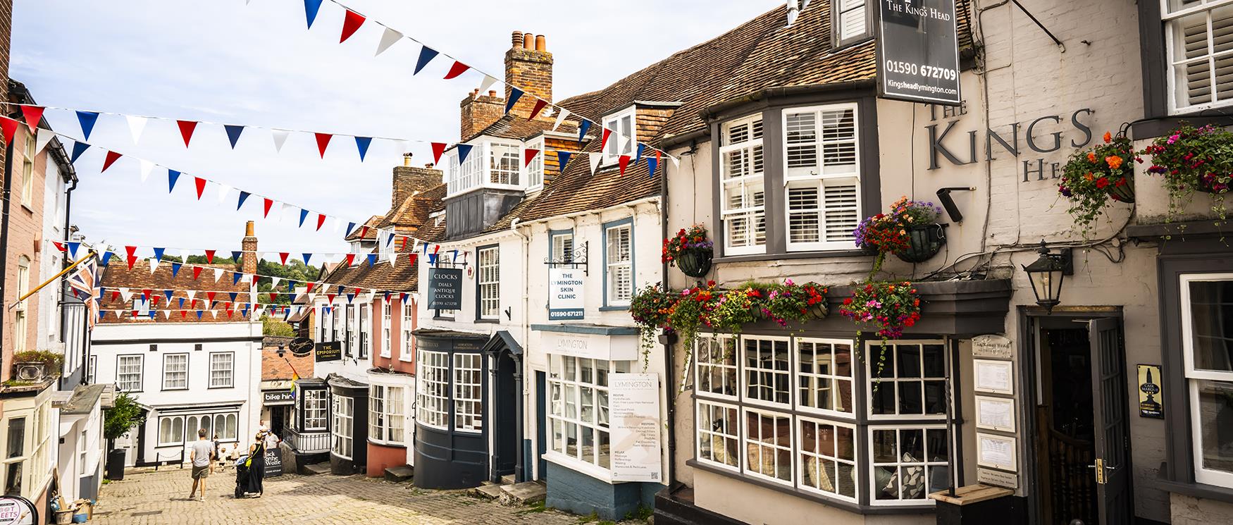 Lymington High Street with colourful bunting