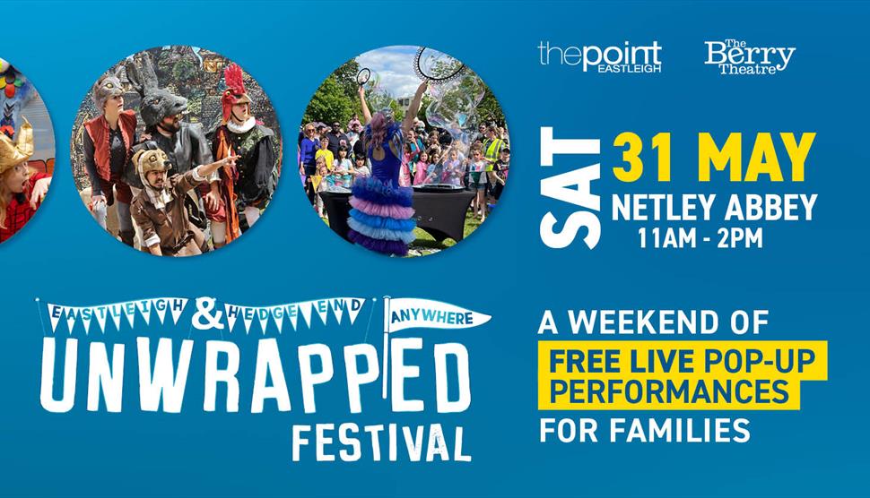 Image has the Unwrapped logo with date on a blue background with festival images in bubbles