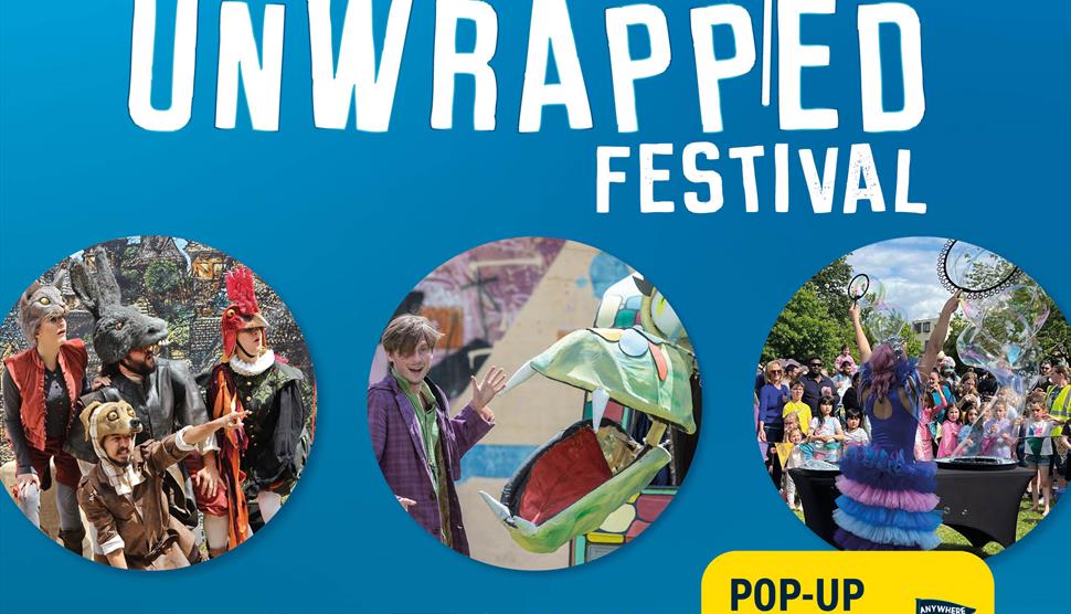 Unwrapped logo and festival images, plus dates on a blue background