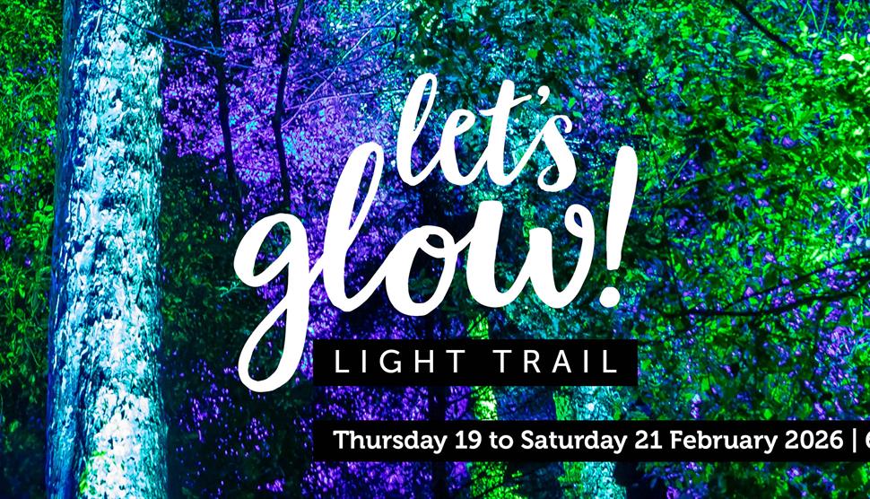 Landscape image of trees lit in blue and green at night. Large white logo 'Let's Glow Light Trail' Thursday 19 to Saturday 21 February from 6pm to 9pm