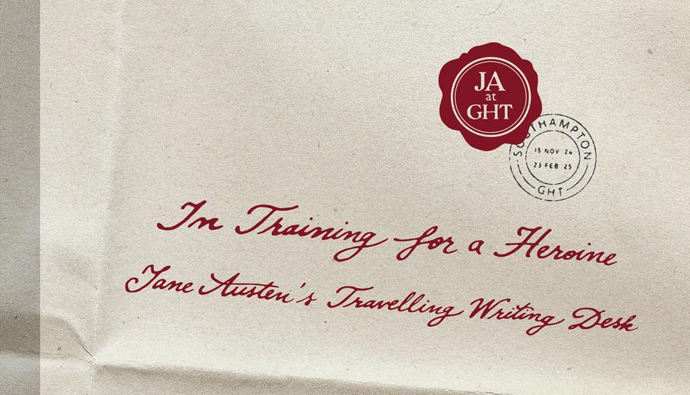 Folded paper indicates name of exhibition in cursive script, with a wax seal & a stamp indicating the exhibition run dates