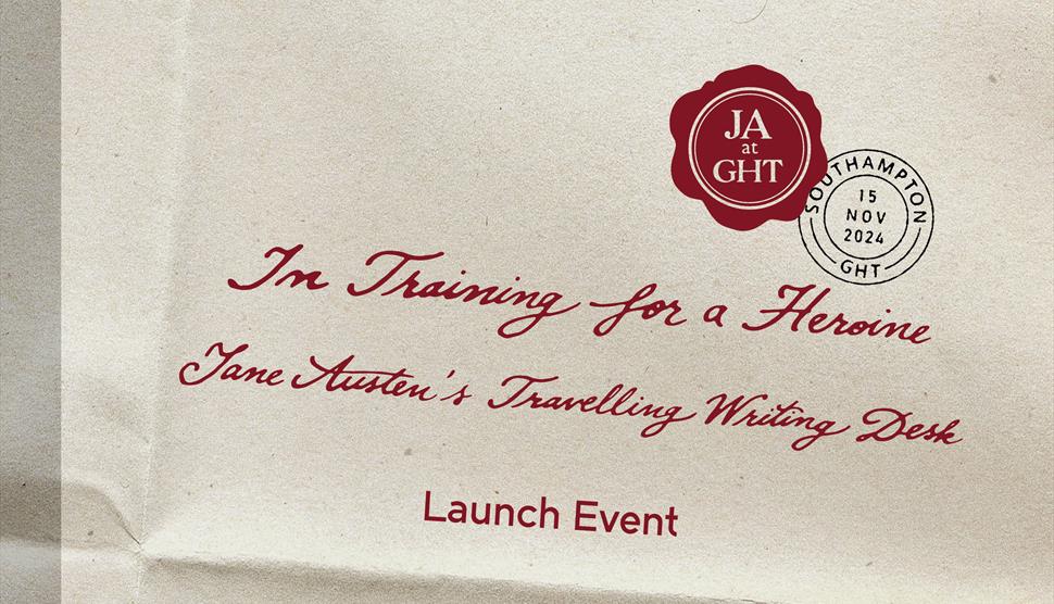 Folder paper in the style of letter writing from Jane Austen's era, with the name of the exhibition in script