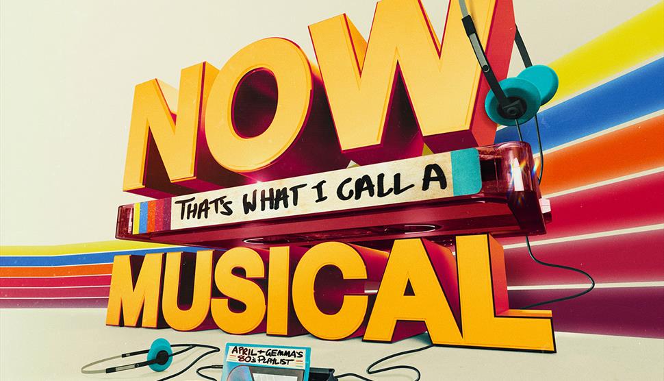 'NOW That's What I Call A Musical' title with headphones and cassette player.