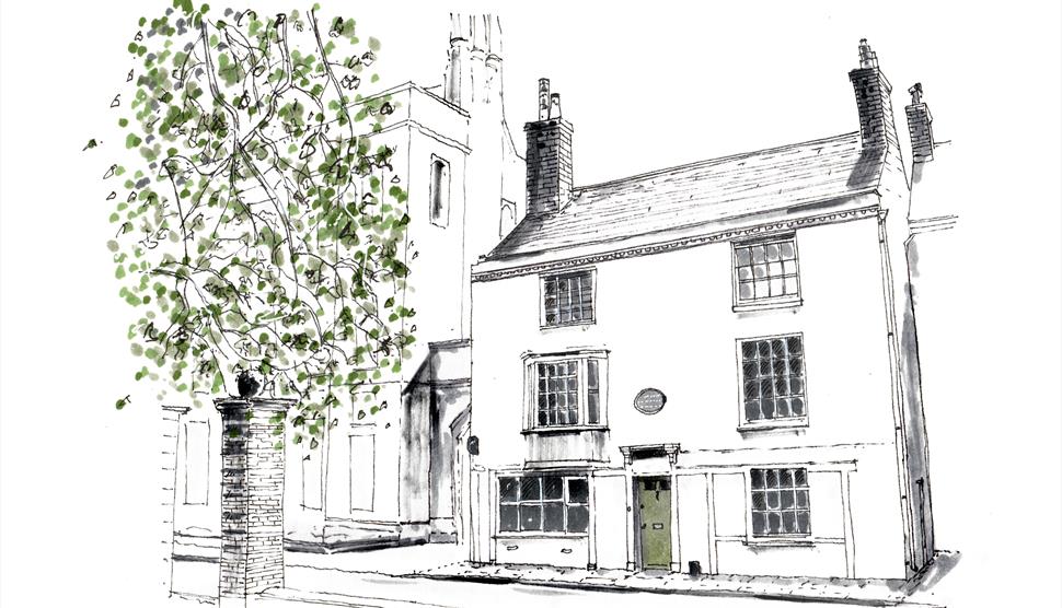 A pencil illustration of No. 8 College Street, Winchester, the house where Jane Austen spent her final weeks and died in 1817.