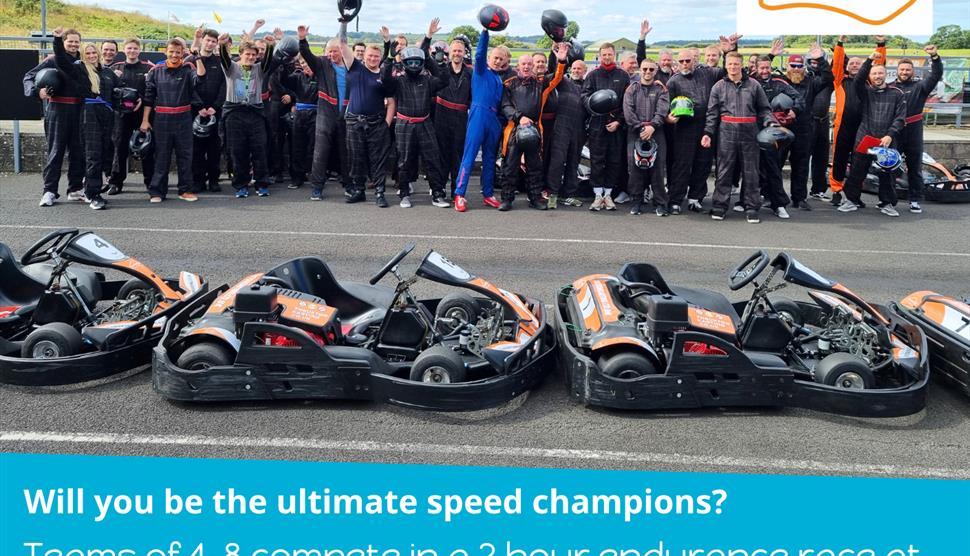 A full throttle outdoor karting endurance race leaflet for the Rose Road Association at Thruxton Kart Centre, featuring a high-speed go-kart on the tr