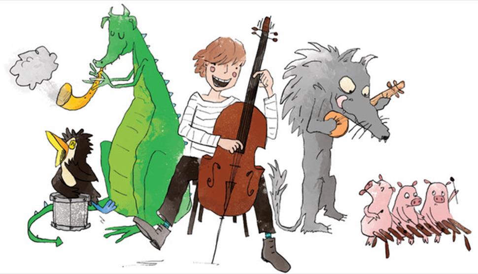 A person that's playing the cello is surrounded by animals playing different instruments