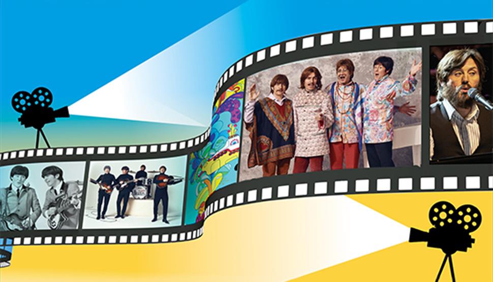 A film roll of The Bootleg Beatles on a blue and yellow background, with two black illustrations of film cameras either side