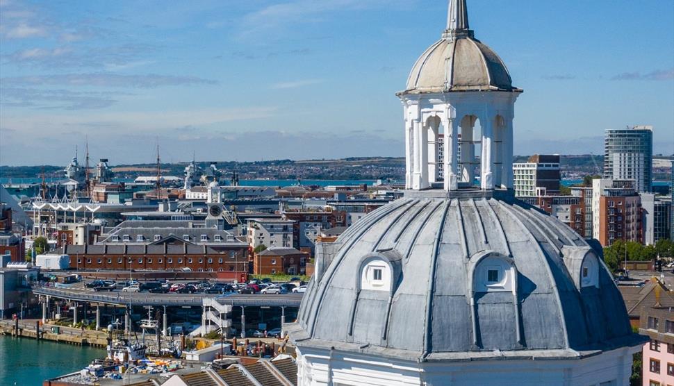 Photograph showing the top of Portsmouth Cathedral taken by drone