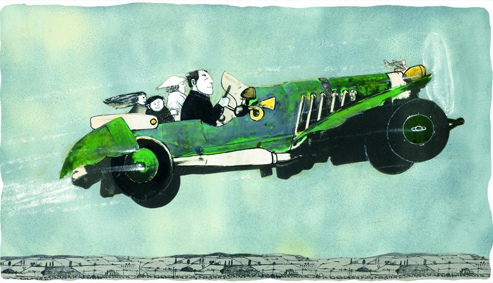 A green car, flying above roof tops, with four people in it