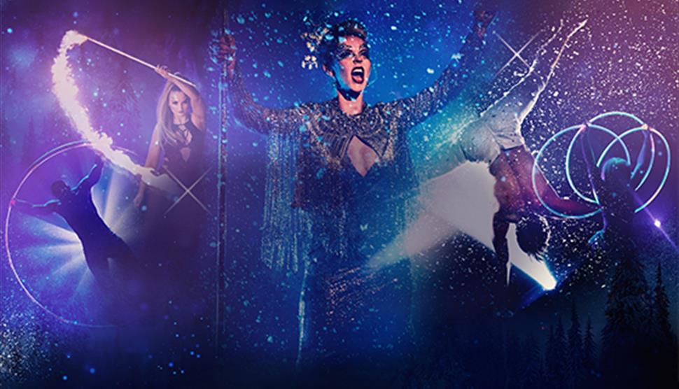 Multiple performers on a dark blue and purple glittery background. From left to right, there is a performer in a large hoop, a woman waving a fire sti