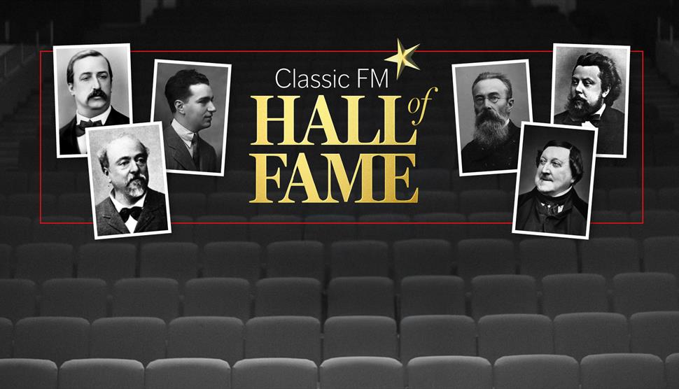 Black theatre seats with picture frames of famous composers floating above, with the title Classic FM Hall of Fame in bold gold letters