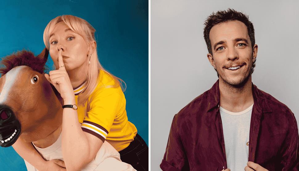 Comedian Becky Umbers on the left hand side of photo, sat on a plastic horse. Comedian Eli Matthewson on right hand side of photo wearing a dark red s