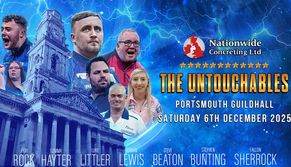 Poster for A Night at the Darts 2025 at Portsmouth Guildhall, featuring some of those who will be competing