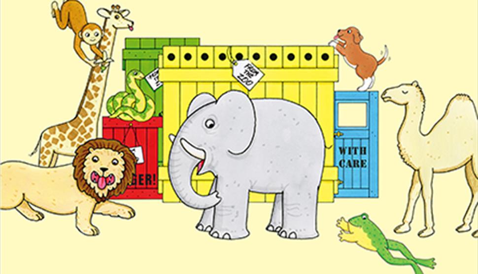 An illustrated image of animals (lion, giraffe, monkey, snake, elephant, frog, dog, and a camel) on a pale yellow background