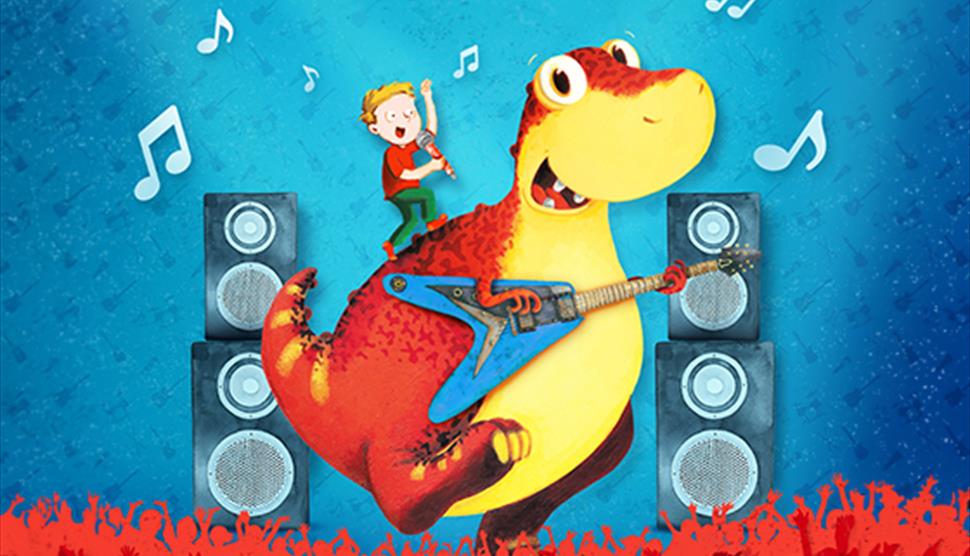 A illustration of a large red and yellow dinosaur with a young boy on it's back singing and the dinosaur is playing a big blue electric guitar. There