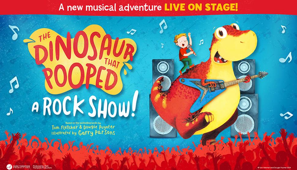 A cartoon drawing of a boy stood on a yellow and red dinosaur which is playing a guitar.