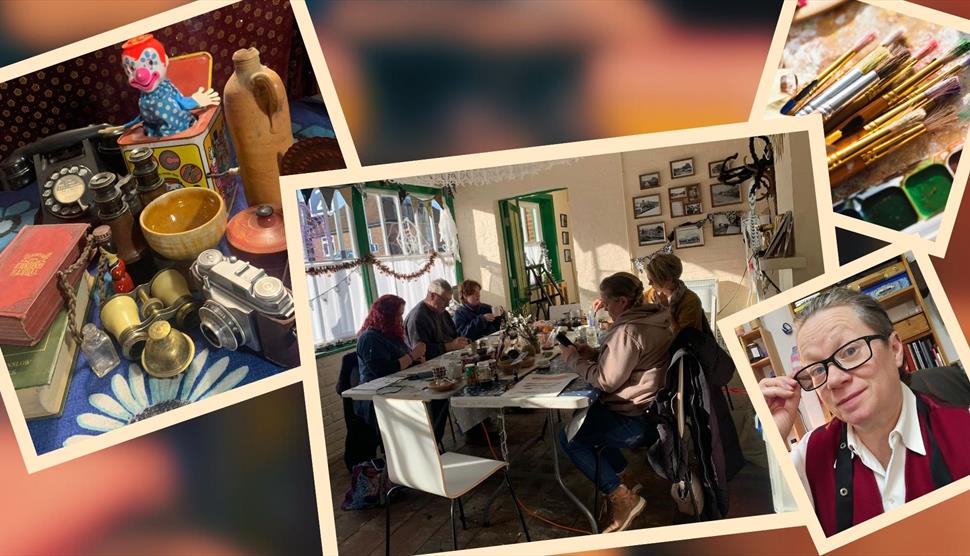 Vintage objects on a table, a photo of the artist, a photo of a previous class, a photo of paintbrushes