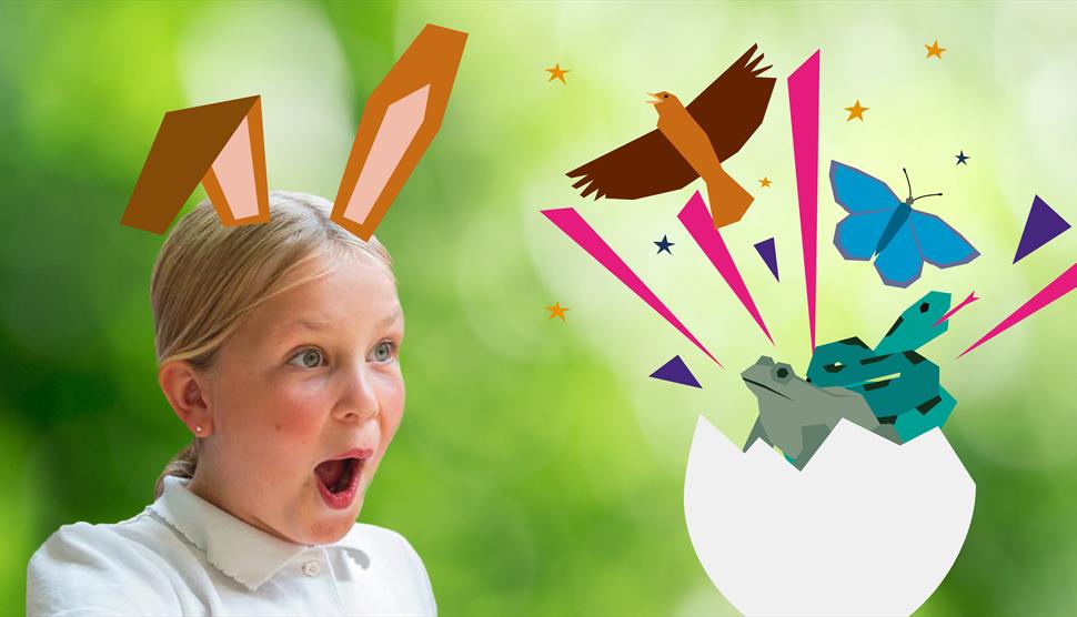 There is a girl wearing a white t-shirt and she has animated bunny ears on her head. She is pointing at an animated egg that has a snake, frog, butter