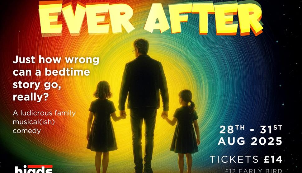 Poster for ever after - Silhouette of a man holding the hands of his two children with a colourful swirl of rainbow colours before him.