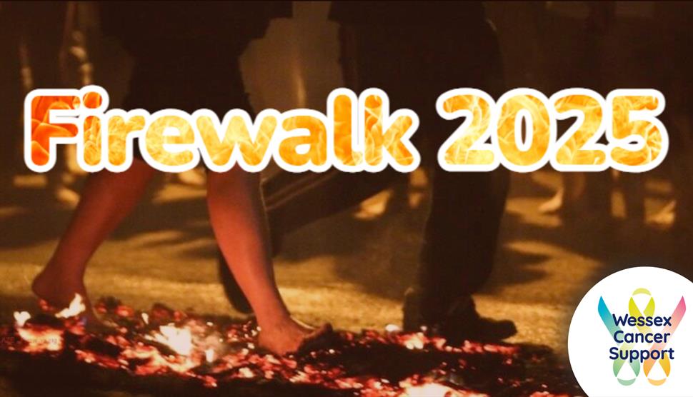 Feet walking on hot coals with the text Firewalk 2025