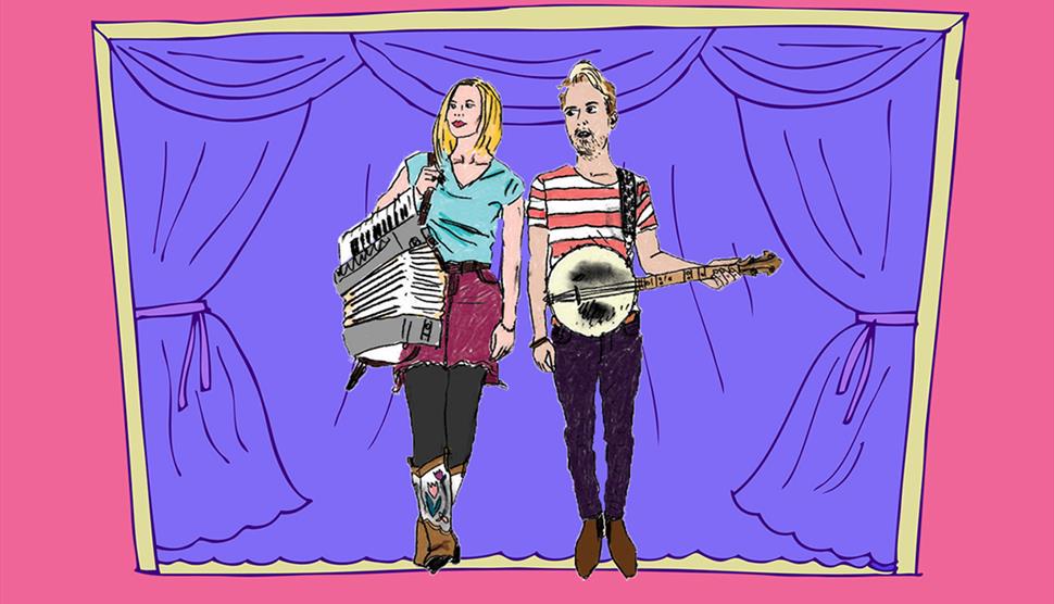 An illustration of Megson, a blonde woman in a blue top, pink skirt, black tights, and boots, holding an accordion over her shoulder and a blond man i