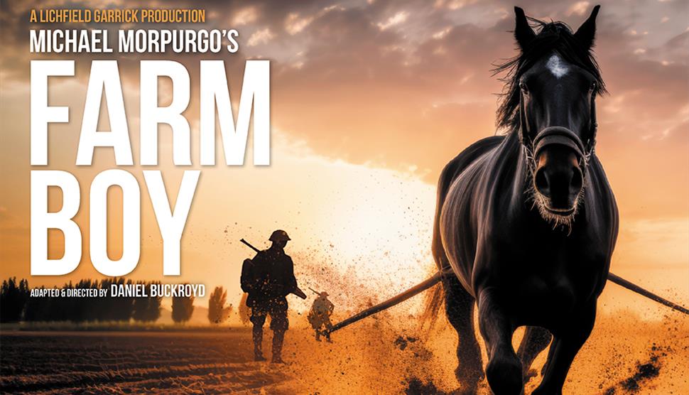 Poster for "Farm Boy" by Michael Morpurgo. Features a silhouette of a man walking with a rifle and a horse running, with a sunset in the background.