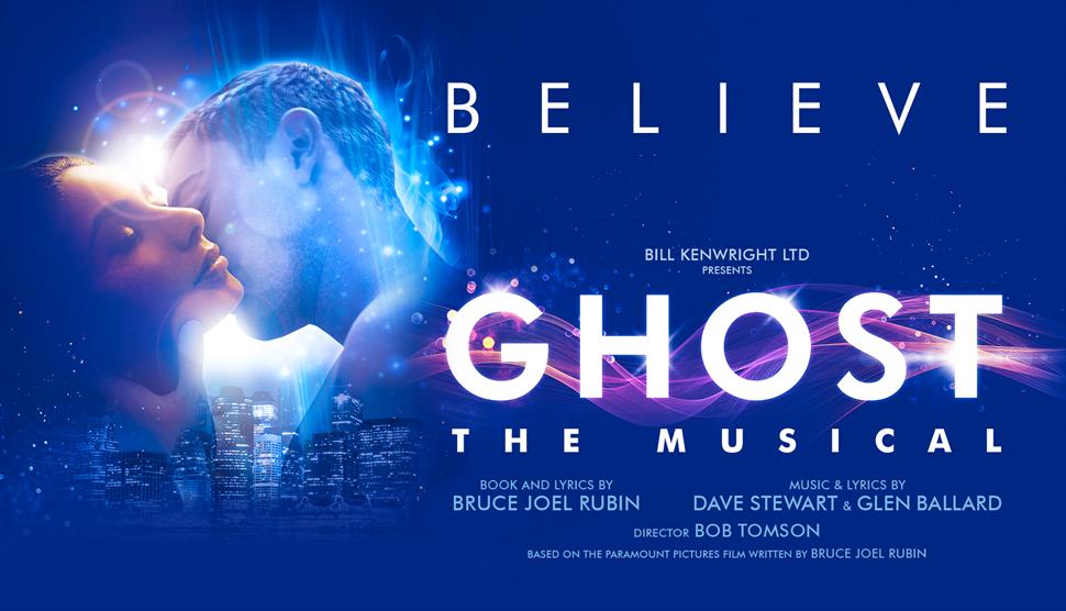 Ghostly man kisses woman's check over skyscraper skyline. Believe. Bill Kenwright ltd presents Ghost the musical book and lyrics by Bruce Joel Rubin M