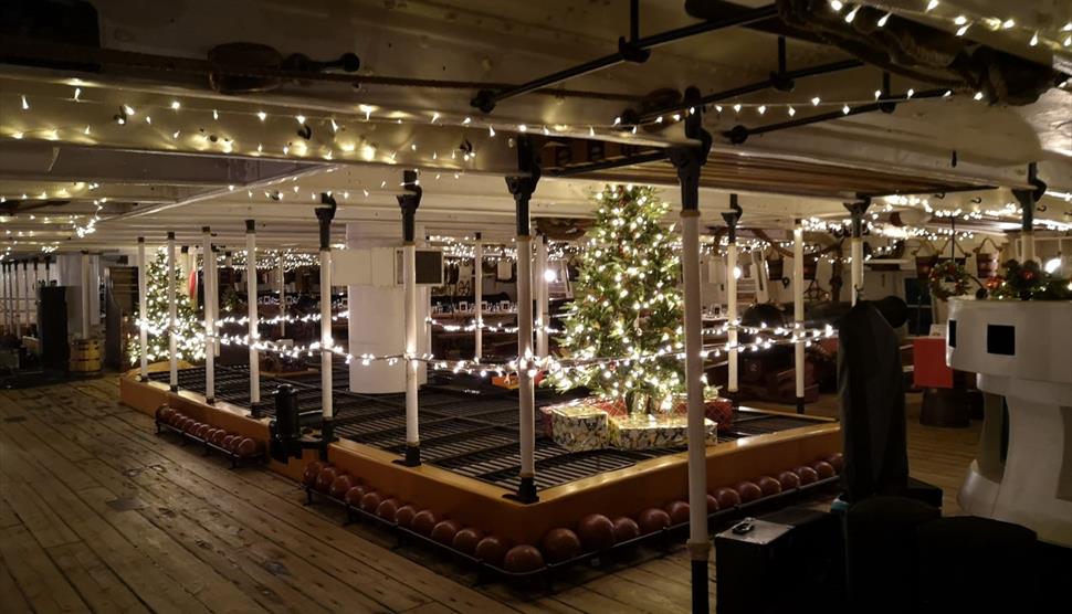 HMS Warrior decorated for Christmas