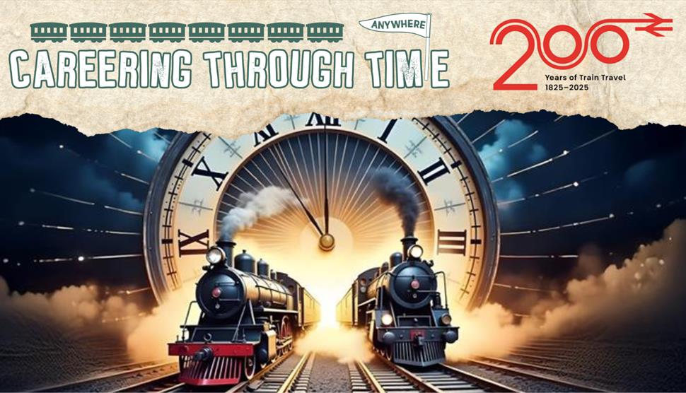 Two trains travelling through a clock face, with smoke around