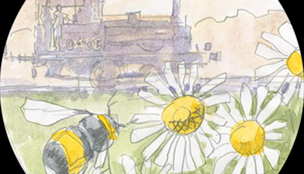 Picture of drawing/painting of train, flowers and bees