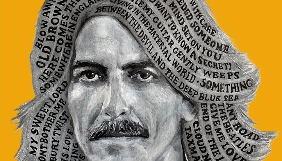 George Harrison sketch with song titles in his hair