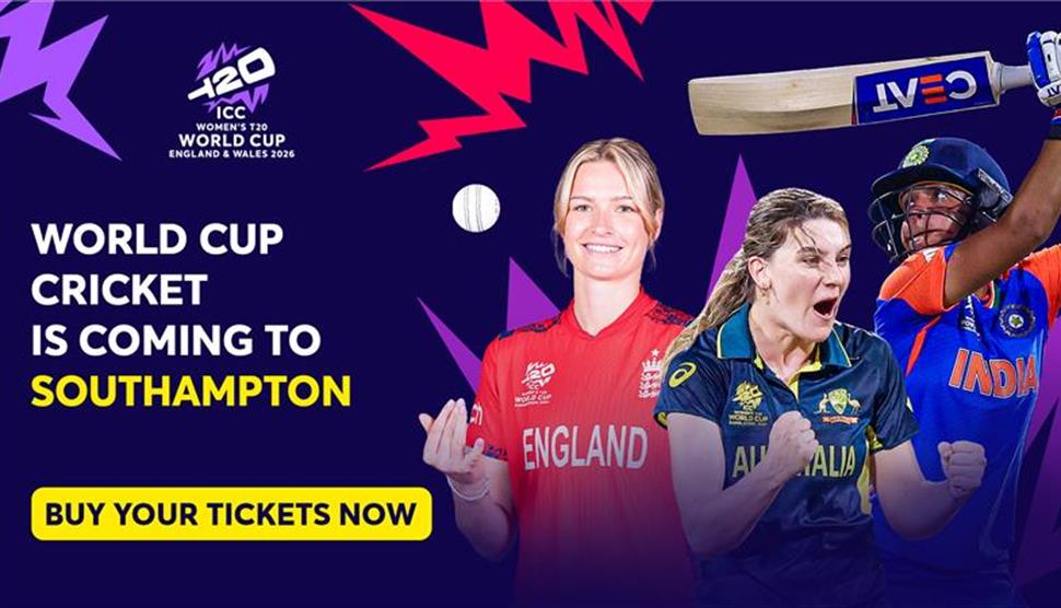 Players from England, Australia and India with a bat and ball. Purple background with branded bolts and text which reads World Cup Cricket is coming t
