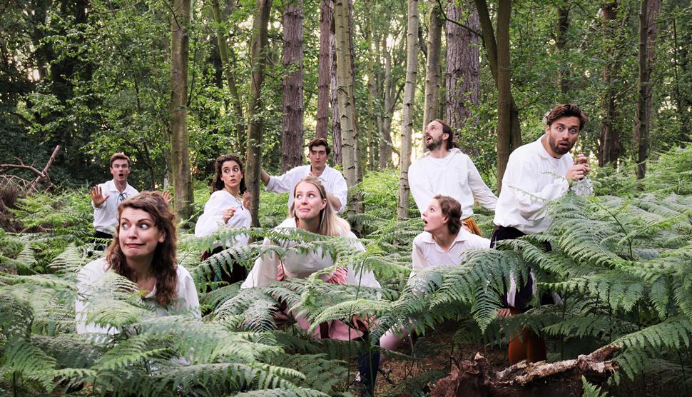 A group of actors in Shakespearean costume posing in a woodland.