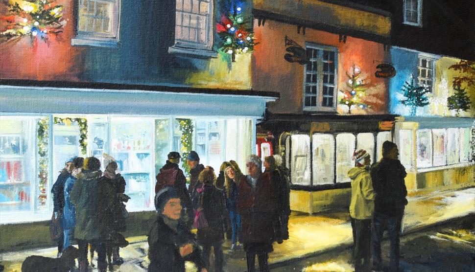 A painted depiction of Alresford at Christmastime