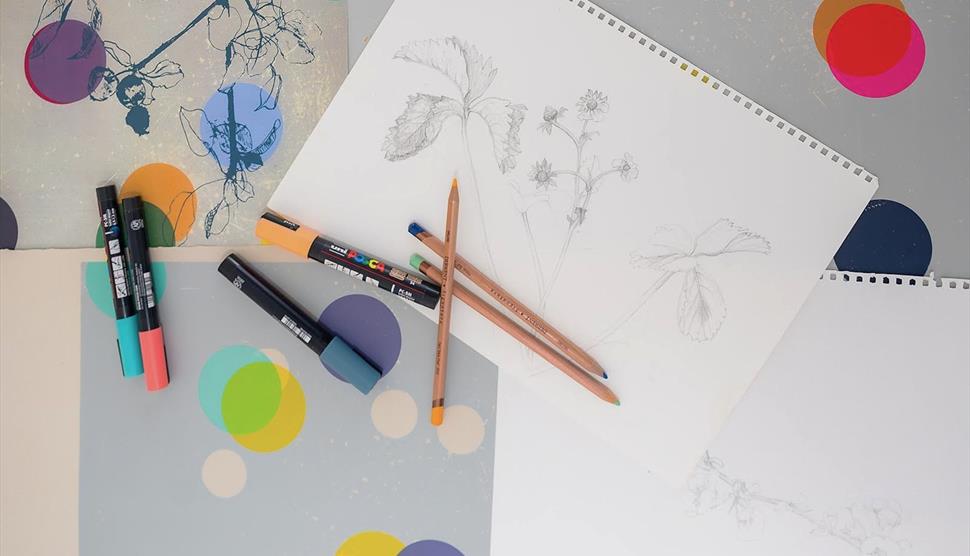 pencil drawing on flowers with bright coloured spotty prints and pens