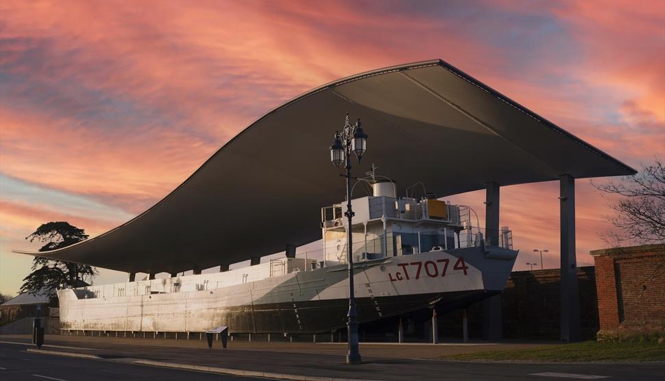 LCT 7074 outside The D-Day Story at sunset