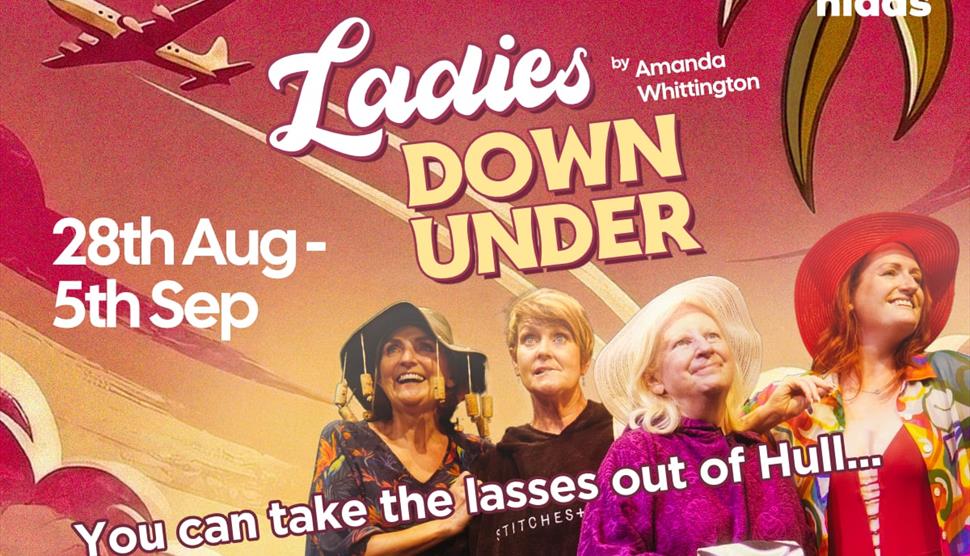 Ladies Down under poster showing four ladies arriving in Oz.