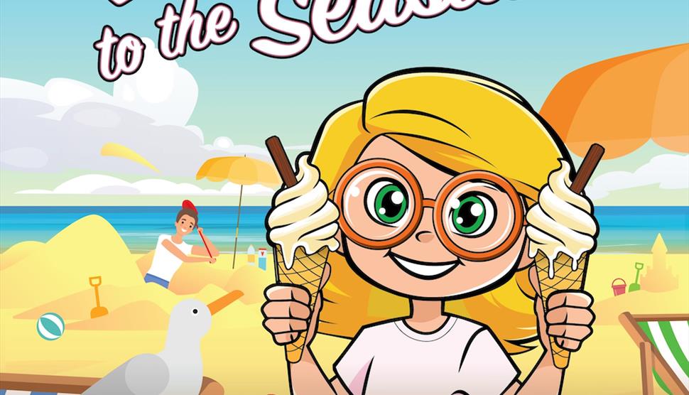 a cartoon child holds an ice cream at the beach