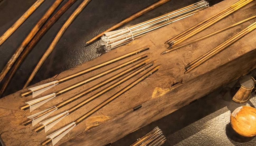 Photograph showing arrows on display at The Mary Rose museum