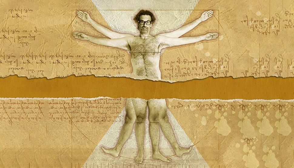 Poster for Vitruvian Mango by Marcus Brigstocke, showing the comedian looking like Da Vinci's Vitruvian Man illustration