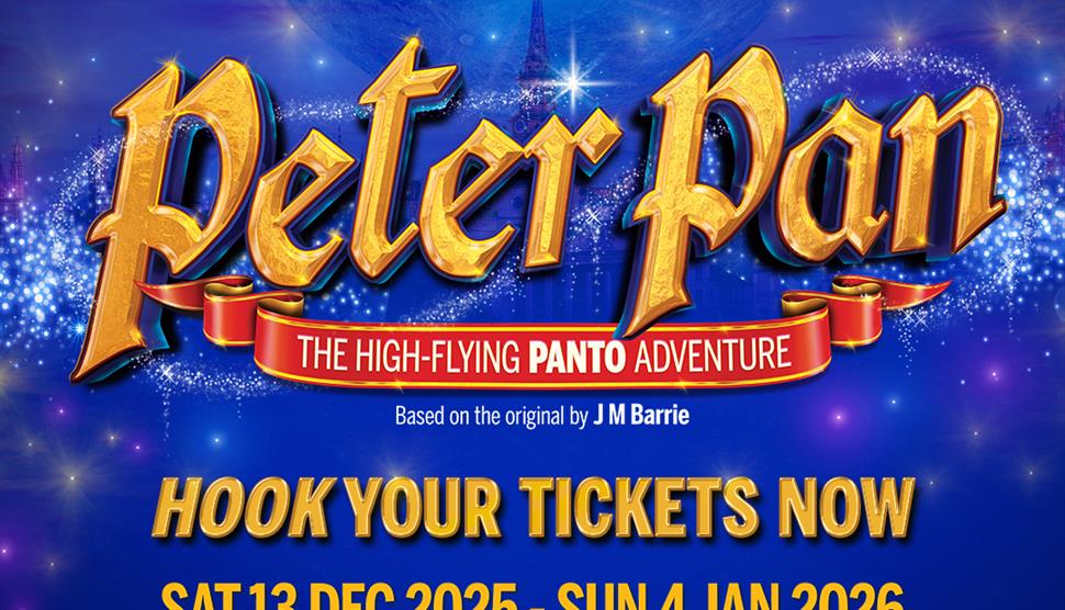 Gold text text on blue backgroup reads 'Star casting to be announced. Peter Pan. The high-flying panto adventure. Based on the original by JM Barrie.